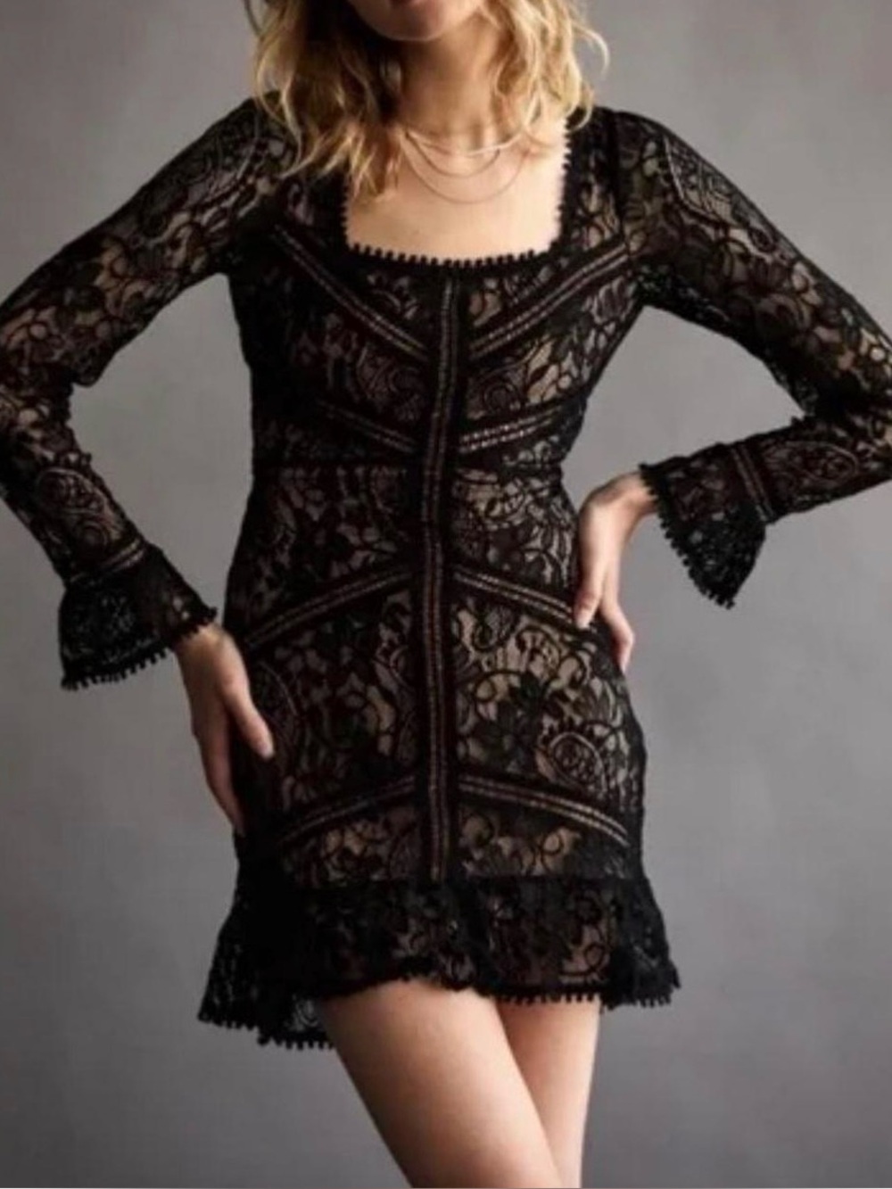 NWT For Love & Lemons Black Lace Long-Sleeve Mini Dress Size M
